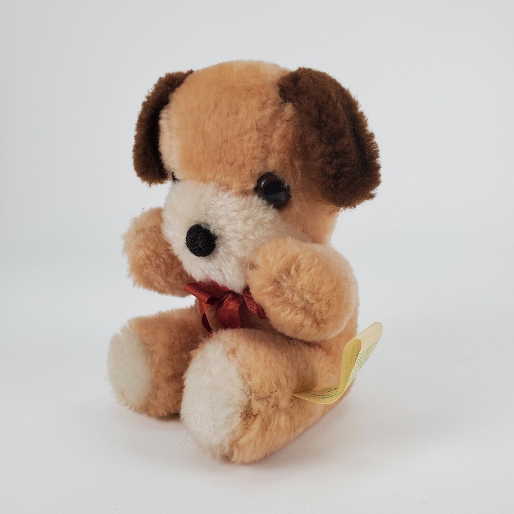 Vintage Zayre Corp Stuffed Puppy Dog Plush Tan Brown Floppy Ears Red Bow 6 inch